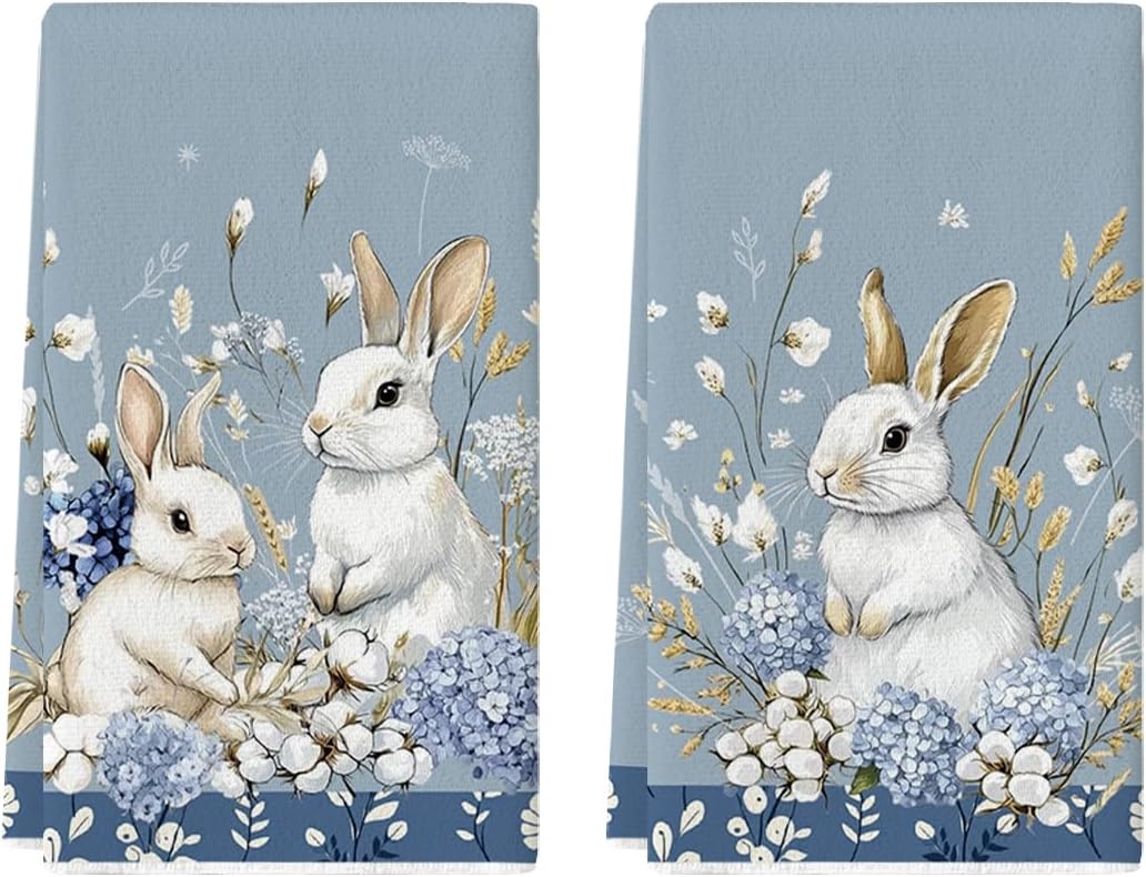 Bunny Hydrangea Easter Kitchen Towels Dish Towels, 18x26 Inch Spring Farmhouse Wild Flowers Decoration Hand Towels Set of 2