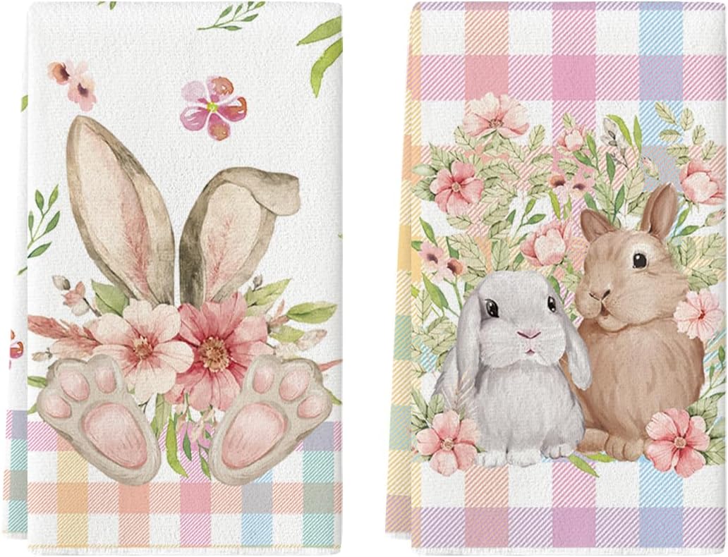 Colorful Buffalo Plaid Bunny Rabbit Flower Easter Kitchen Towels Dish Towels, 18x26 Inch Seasonal Decoration Hand Towels Set of 2
