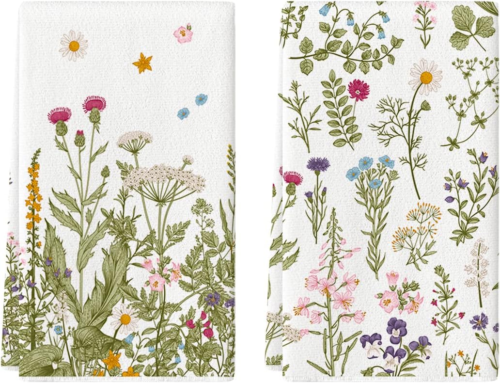 Wildflower Floral Kitchen Towels Dish Towels, 18x26 Inch Leaves Holiday Decoration Hand Towels Set of 2