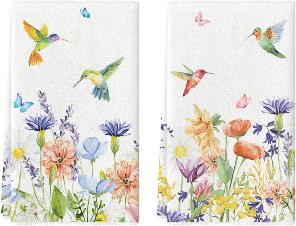 Anemone Flower Hummingbird Kitchen Towels Dish Towels, 18x26 Inch Seasonal Spring Summer Wild Floral Holiday Decoration Hand Towels Set of 2