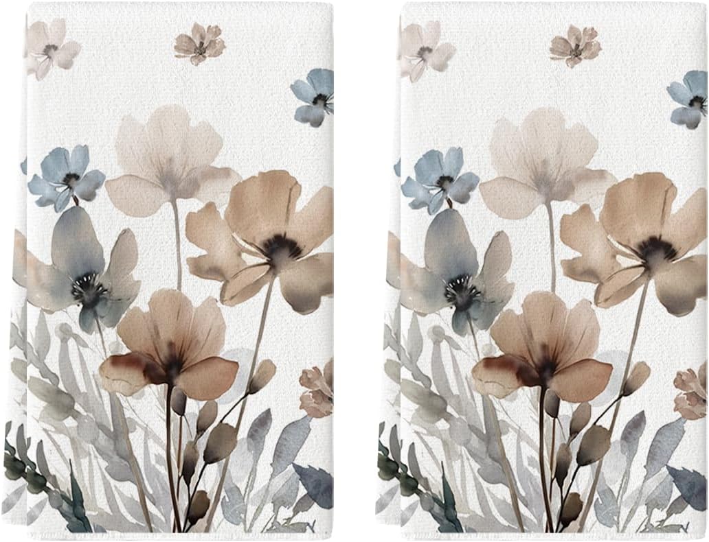 Brown Poppy Floral Leaves Spring Kitchen Towels Dish Towels, 18x26 Inch Seasonal Summer Decoration Hand Towels Set of 2