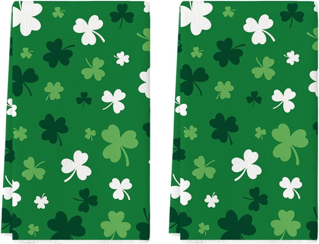 Green Clover Shamrock St. Patrick's Day Kitchen Towels Dish Towels, 18x26 Inch Farmhouse Holiday Spring Decoration Hand Towels Set of 2