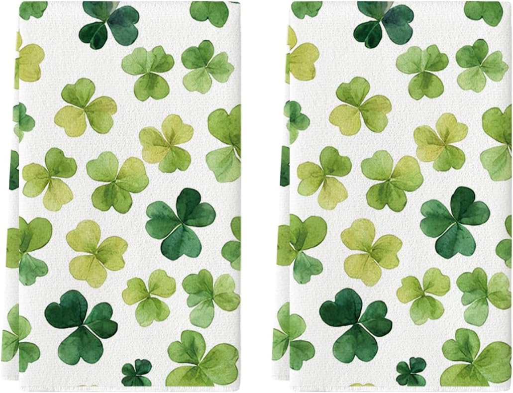 Beige Shamrocks St. Patrick's Day Kitchen Towels Dish Towels, 18x26 Inch Seasonal Spring Decoration Hand Towels Set of 2