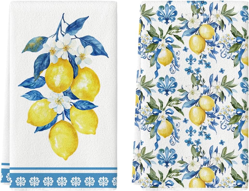 Lemon Flowers Floral Summer Kitchen Towels Dish Towels, 18x26 Inch Seasonal Decoration Hand Towels Set of 2