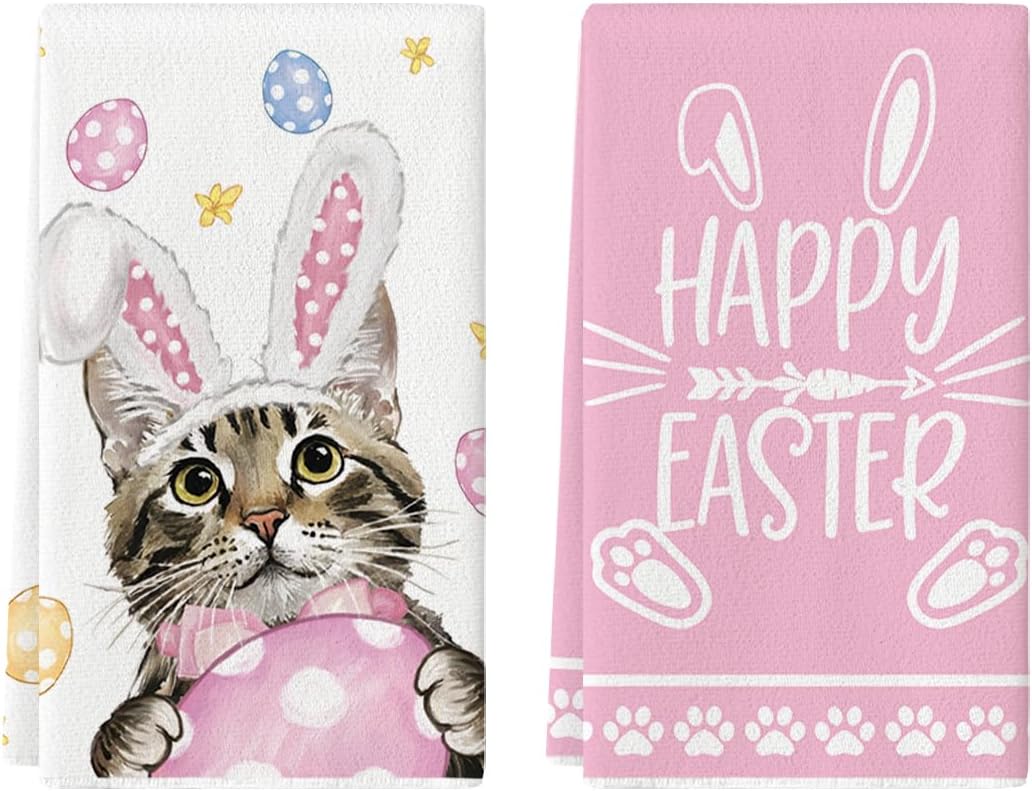 Pink Rabbit Ears Cat Eggs Happy Easter Kitchen Towels Dish Towels, 18x26 Inch Spring Summer Holiday Decoration Hand Towels Set of 2