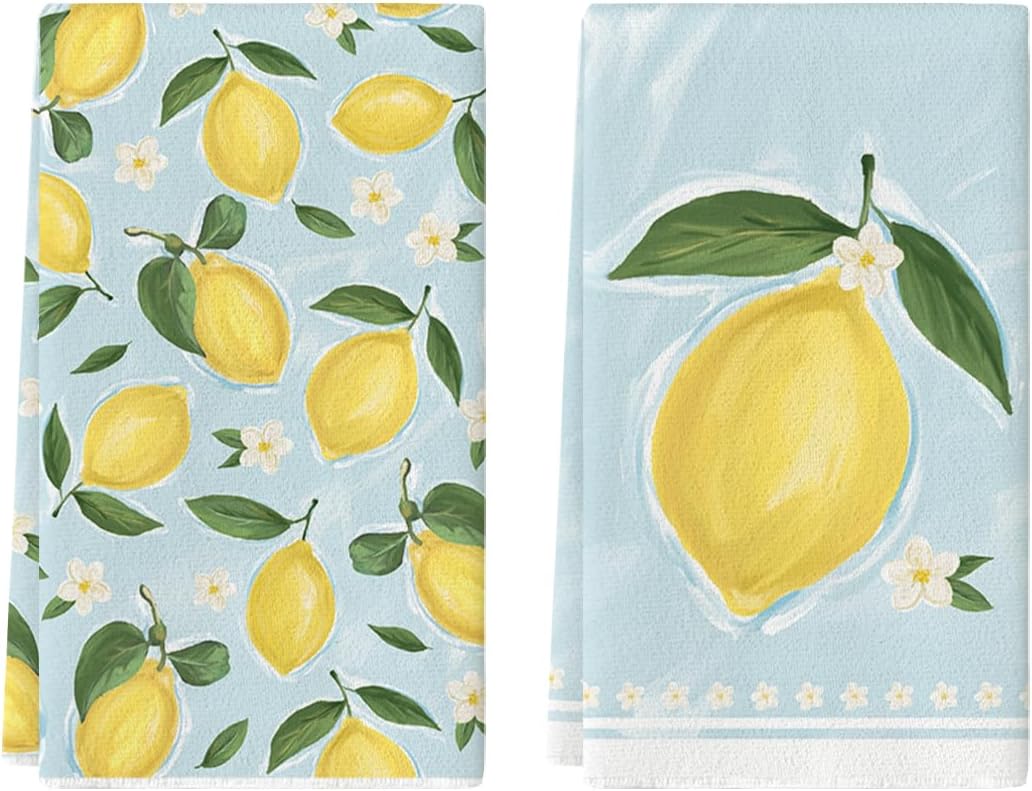 Lemon Flower Summer Kitchen Towels Dish Towels, 18x26 Inch Seasonal Summer Decoration Hand Towels Set of 2