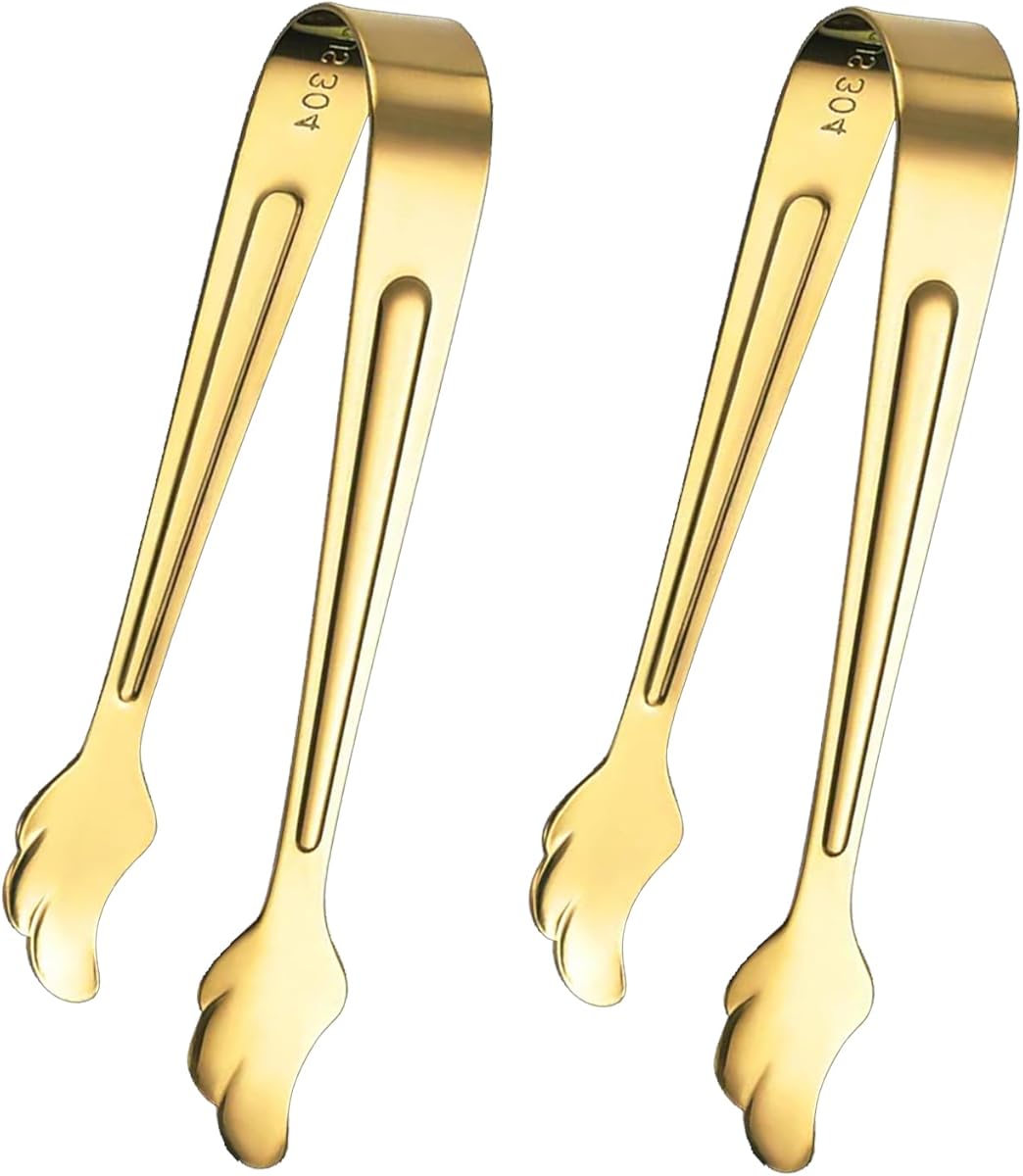 2 Pack Mini Tongs for Appetizer, 4.16 Inch Stainless Steel Ice Tongs Mini Sugar Tongs for Coffee Bar Tea Party Desserts Party Sugar and Ice Bucket(Gold)