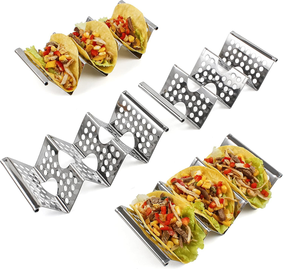 4 Pack Stainless Steel Taco Holders, Premium Taco Stands, Holds 2 Or 3 Tacos Each Taco Tray, Taco Rack With Easy-Access Handle, Food Grade Taco Plate Shells Oven &amp; Grill Safe, BPA Free(Hollow)
