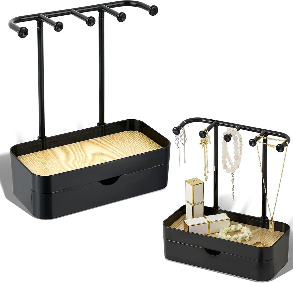 Industrial Jewelry Organizer with Wooden Tray - Necklace Holder &amp; Storage for Women - Black - Gift Idea
