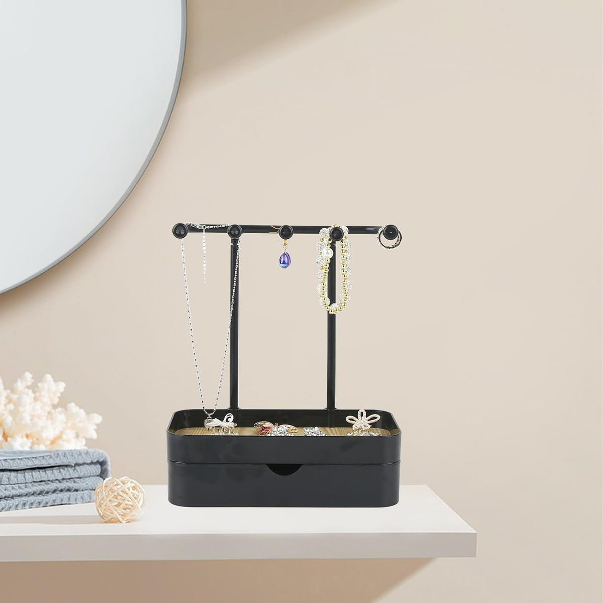 Industrial Jewelry Organizer with Wooden Tray - Necklace Holder & Storage for Women - Black - Gift Idea