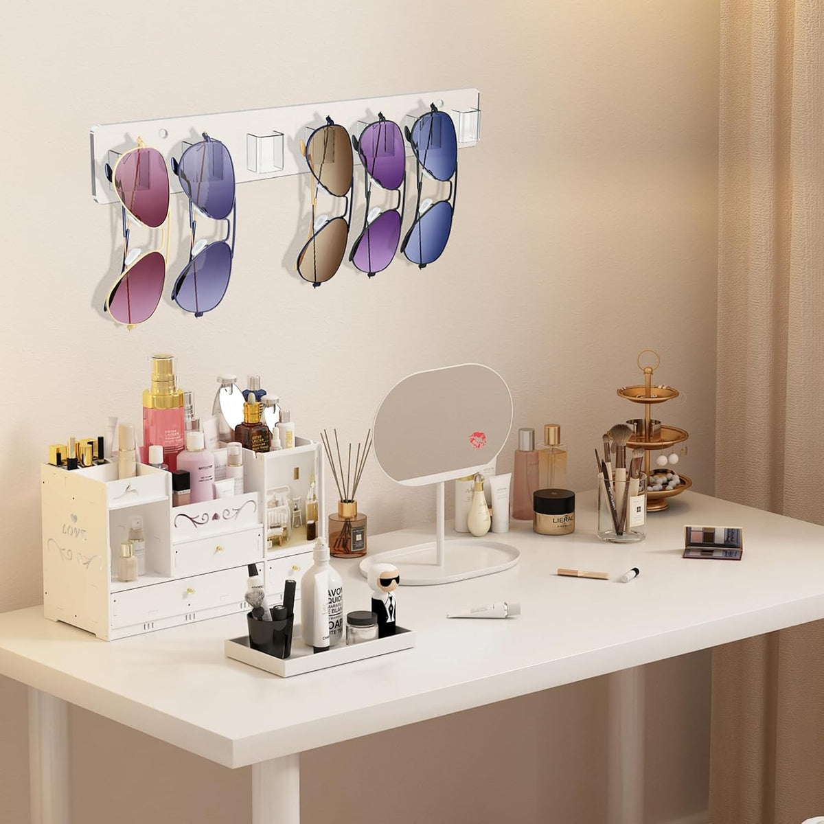 Wall Mounted Sunglasses Organizer Set of 2 Acrylic Rack Holds 14 Glasses No Drill Hanging System Transparent