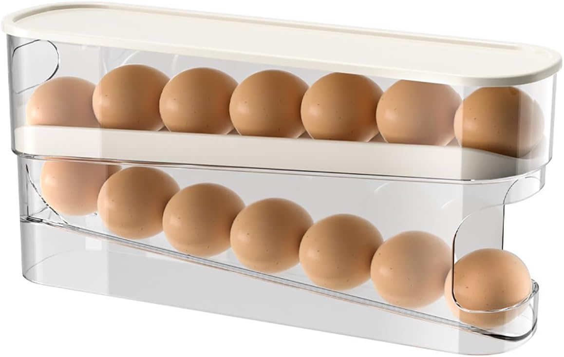 Automatic Rolling Egg Holder 14 Egg Dispenser Plastic Fridge Organizer Double Layer Egg Rack