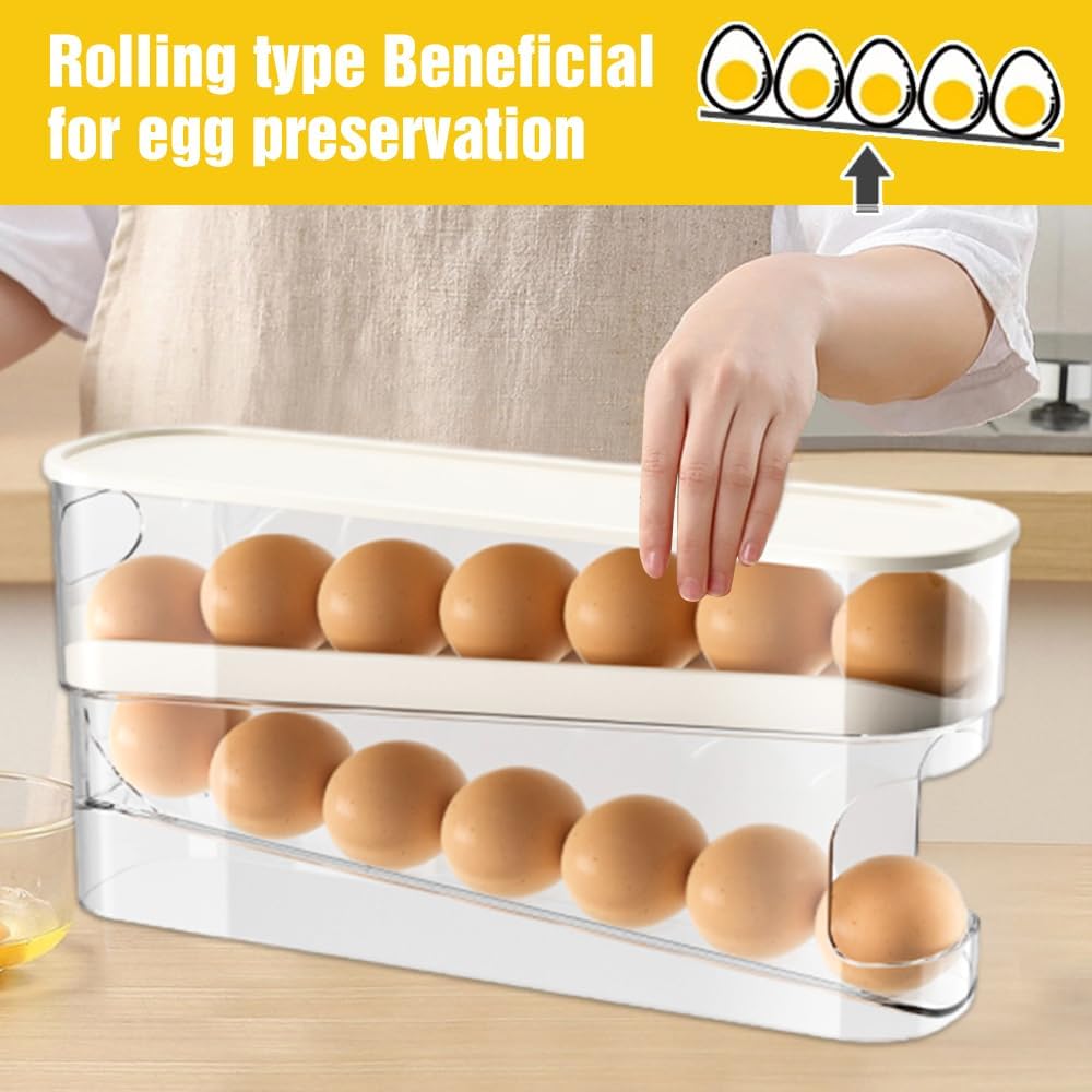 Automatic Rolling Egg Holder 14 Egg Dispenser Plastic Fridge Organizer Double Layer Egg Rack