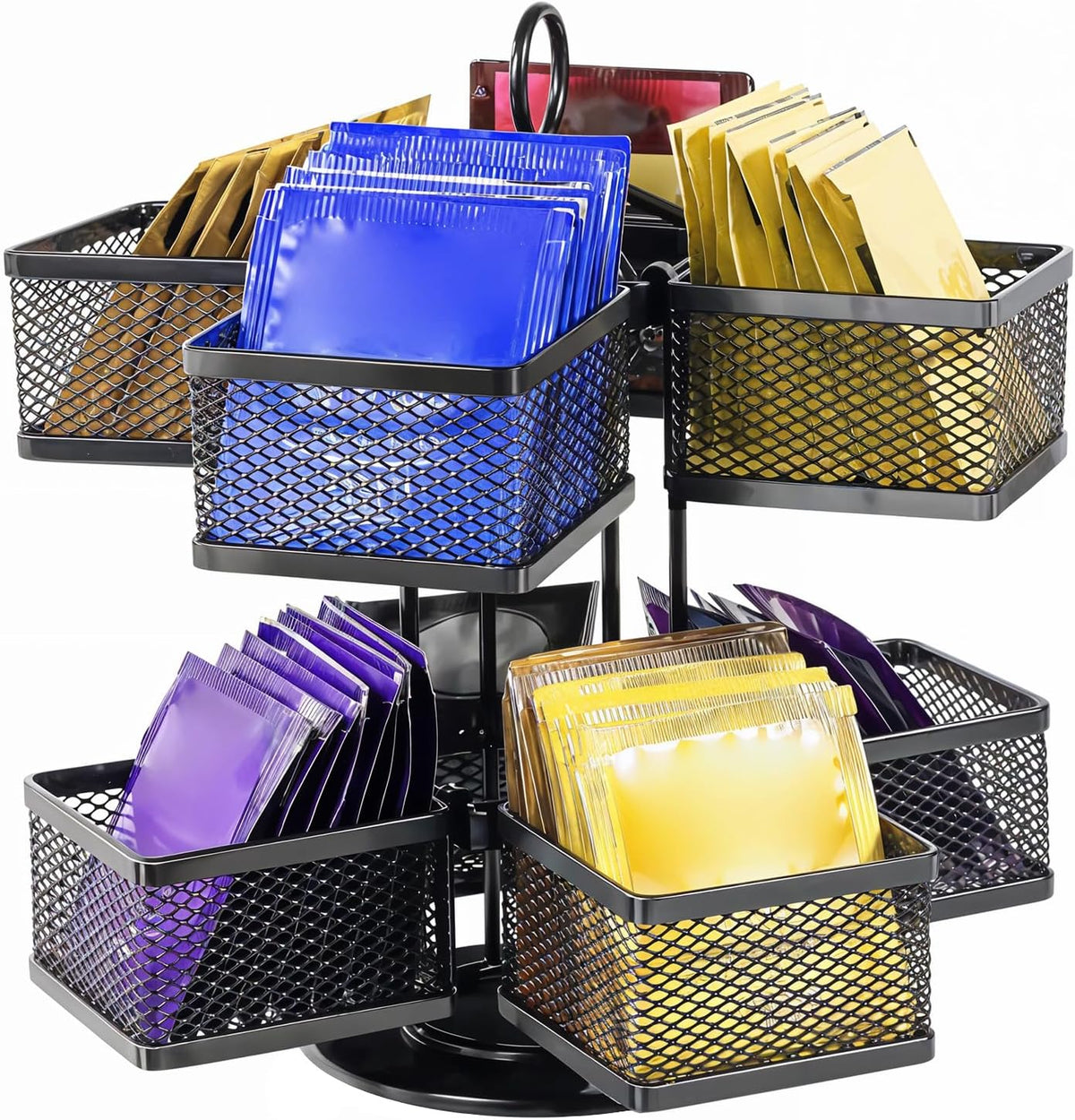 Rotating Tea Bag Organizer for 96 Sachets - Black Metal Revolving Tea Storage Holder - Luxury Kitchen &amp; Office Gift