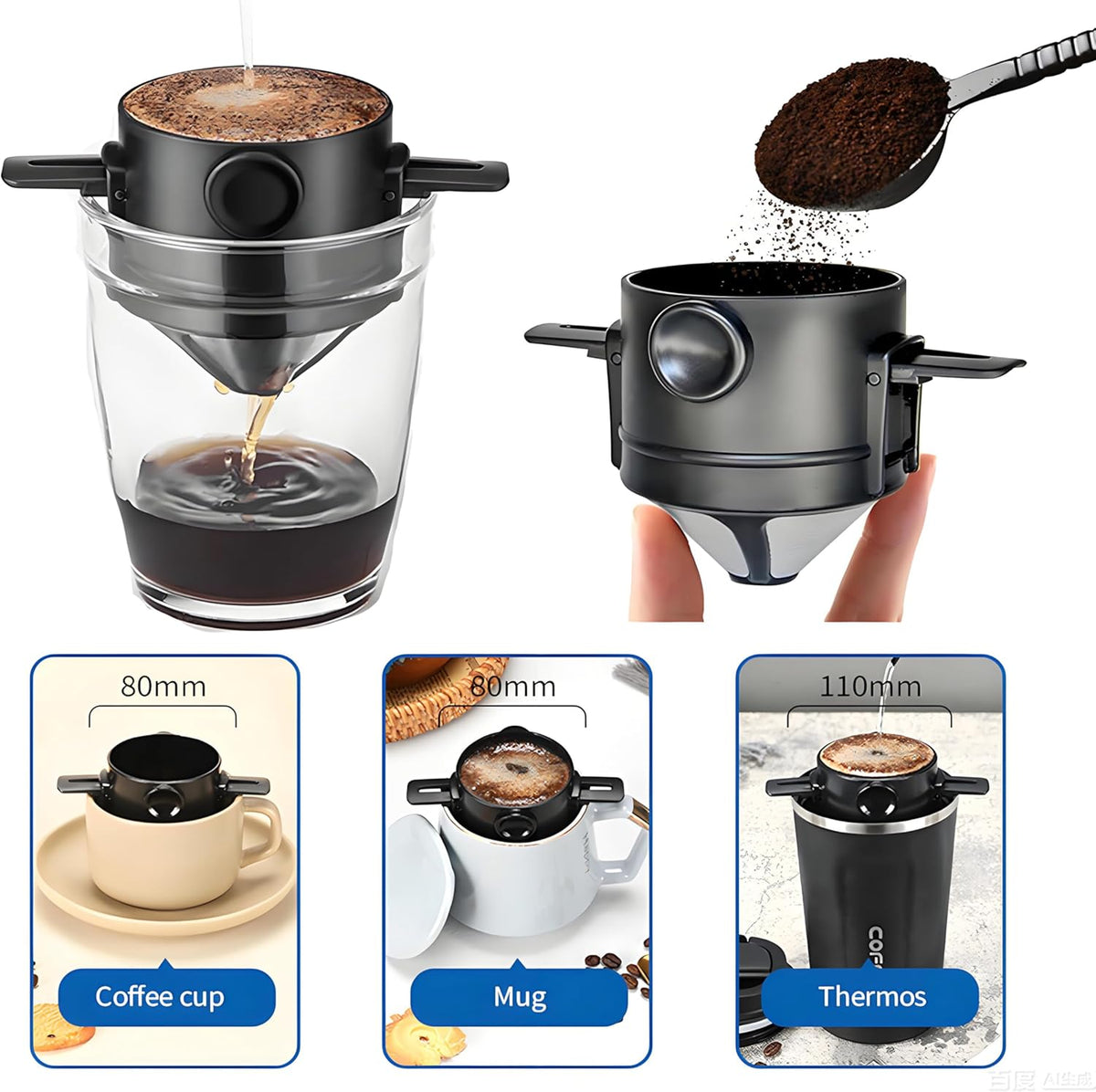 Reusable Stainless Steel Pour Over Coffee Dripper Filter Holder for Sustainable Slow Coffee at Home & Travel Black
