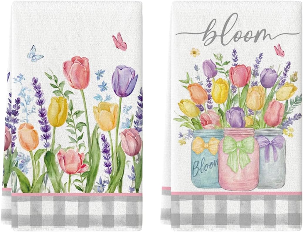Buffalo Plaid Tulip Bloom Vase Spring Kitchen Towels Dish Towels, 18x26 Inch Farmhouse Summer Floral Decoration Hand Towels Set of 2