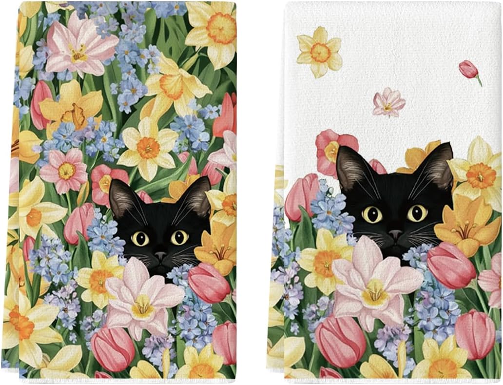 Tulip Wild Flowers Black Cat Spring Kitchen Towels Dish Towels, 18x26 Inch Farmhouse Floral Decoration Hand Towels Set of 2
