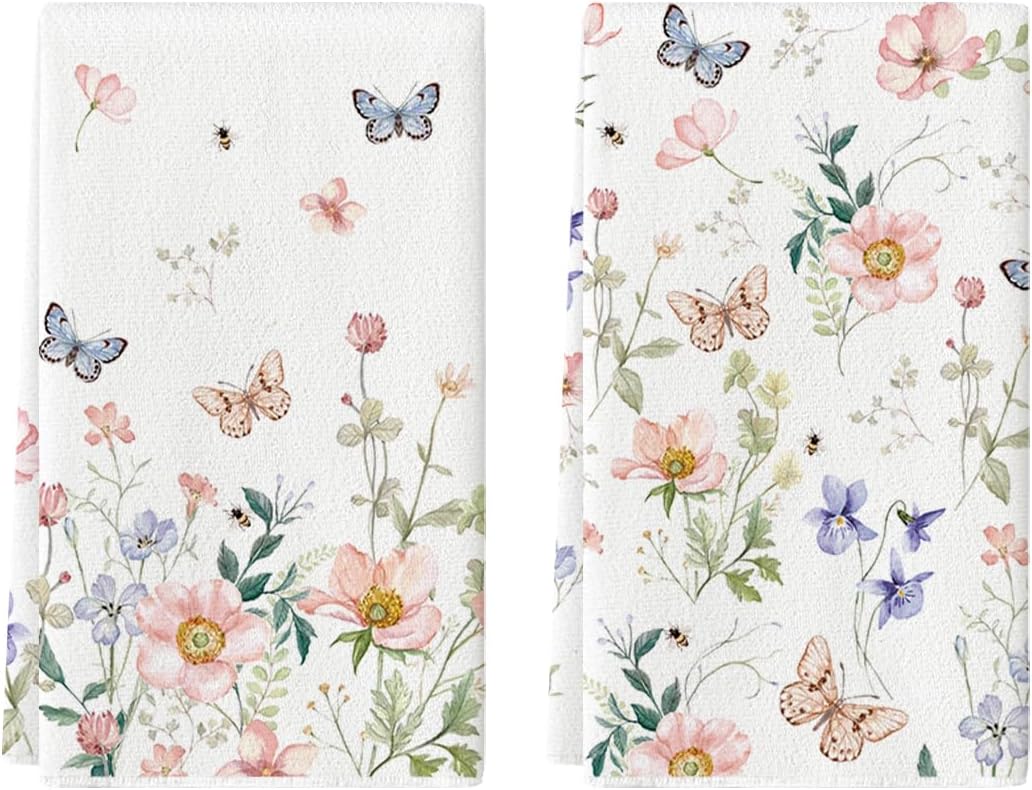 Floral Leaves Butterfly Spring Kitchen Towels Dish Towels, 18x26 Inch Seasonal Summer Decoration Hand Towels Set of 2