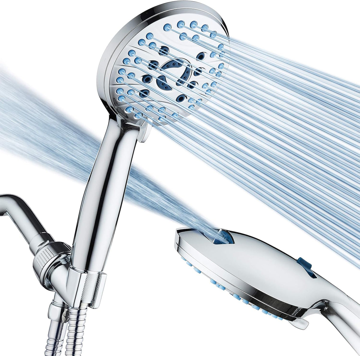AquaCare High Pressure 8-mode Handheld Shower Head - Anti-clog Nozzles, Built-in Power Wash to Clean Tub, Tile &amp; Pets, Extra Long 6 ft. Stainless Steel Hose, Wall &amp; Overhead Brackets