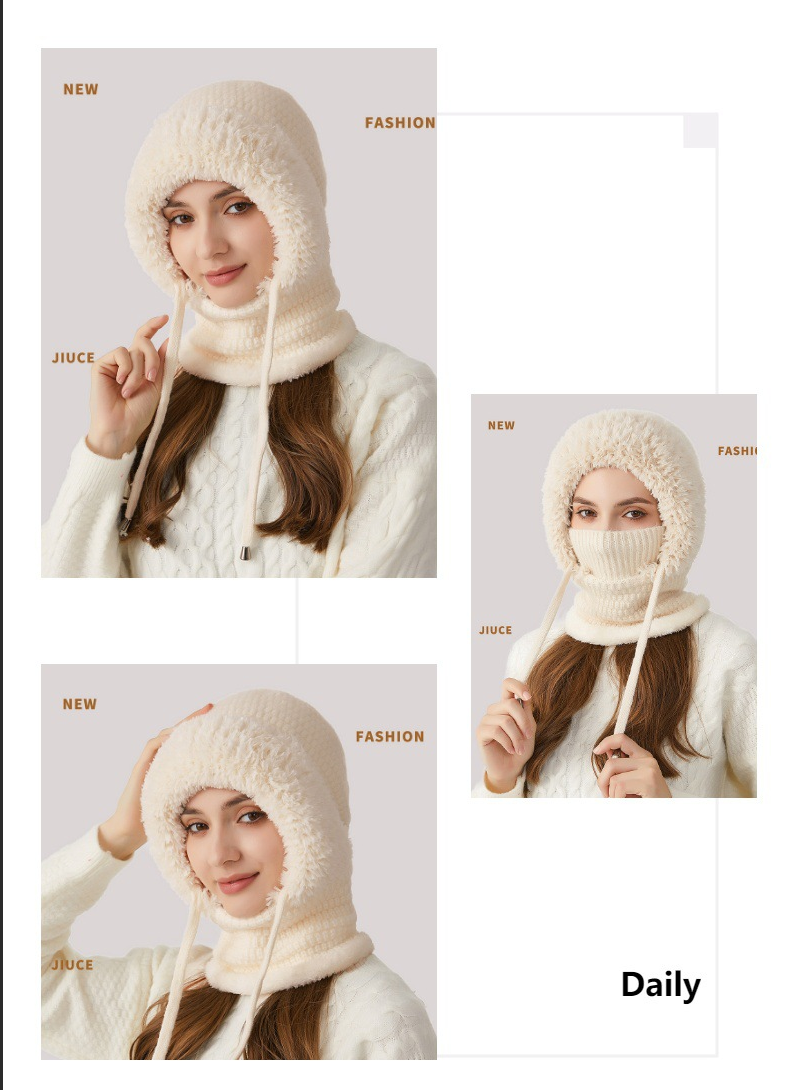 Winter Corn Velvet Hooded Scarf Mask Set - Thick Fleece Lined Knit Cap for Women - Warm Balaclava Neck Warmer for Extreme Cold - Beige