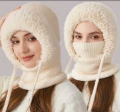 Winter Corn Velvet Hooded Scarf Mask Set - Thick Fleece Lined Knit Cap for Women - Warm Balaclava Neck Warmer for Extreme Cold - Beige