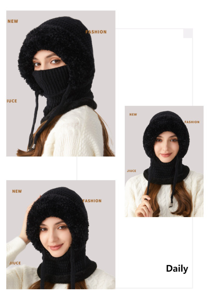 Winter Corn Velvet Hooded Scarf Mask Set - Thick Fleece Lined Knit Cap for Women - Warm Balaclava Neck Warmer for Extreme Cold - Black