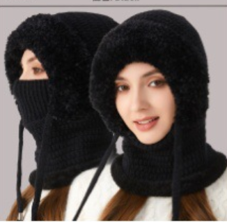 Winter Corn Velvet Hooded Scarf Mask Set - Thick Fleece Lined Knit Cap for Women - Warm Balaclava Neck Warmer for Extreme Cold - Black