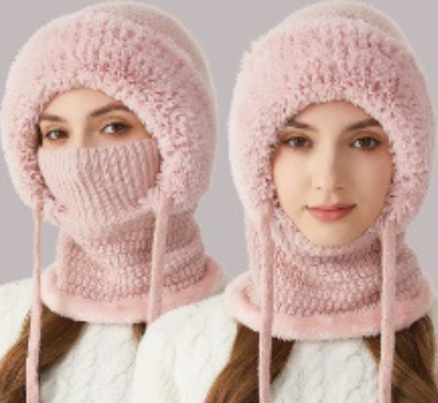 Winter Corn Velvet Hooded Scarf Mask Set - Thick Fleece Lined Knit Cap for Women - Warm Balaclava Neck Warmer for Extreme Cold - Gray