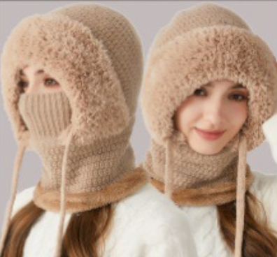 Winter Corn Velvet Hooded Scarf Mask Set - Thick Fleece Lined Knit Cap for Women - Warm Balaclava Neck Warmer for Extreme Cold - Khaki