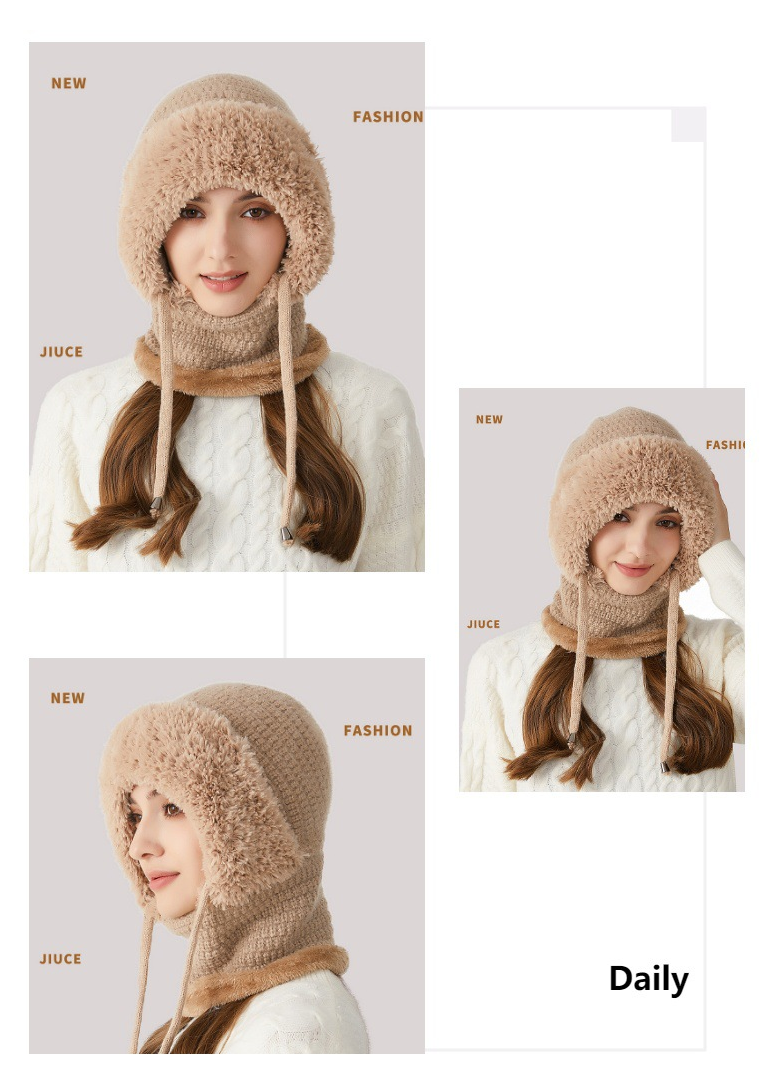 Winter Corn Velvet Hooded Scarf Mask Set - Thick Fleece Lined Knit Cap for Women - Warm Balaclava Neck Warmer for Extreme Cold - Khaki