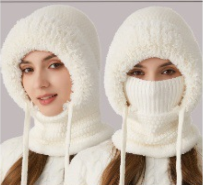 Winter Corn Velvet Hooded Scarf Mask Set - Thick Fleece Lined Knit Cap for Women - Warm Balaclava Neck Warmer for Extreme Cold - Off White