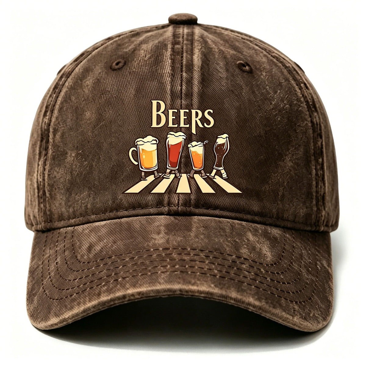Washed Distressed Beer Print Baseball Cap - Vintage Cotton Adjustable Dad Hat for Men - Outdoor Sun Protection Casual Cap - Brown