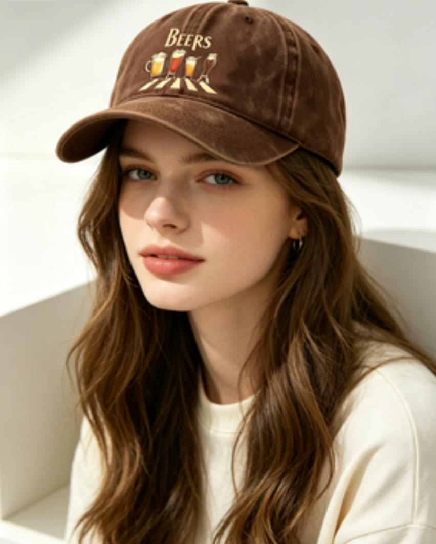 Washed Distressed Beer Print Baseball Cap - Vintage Cotton Adjustable Dad Hat for Men - Outdoor Sun Protection Casual Cap - Brown