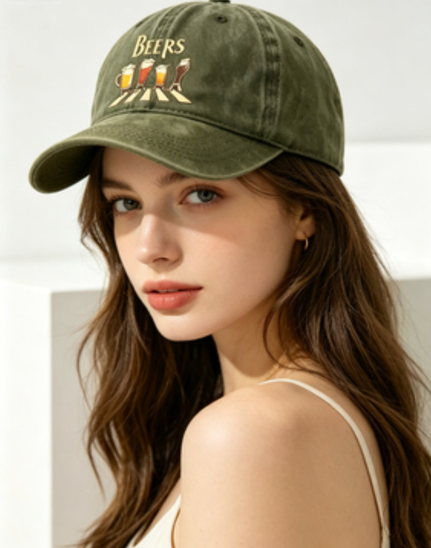 Washed Distressed Beer Print Baseball Cap - Vintage Cotton Adjustable Dad Hat for Men - Outdoor Sun Protection Casual Cap - Green