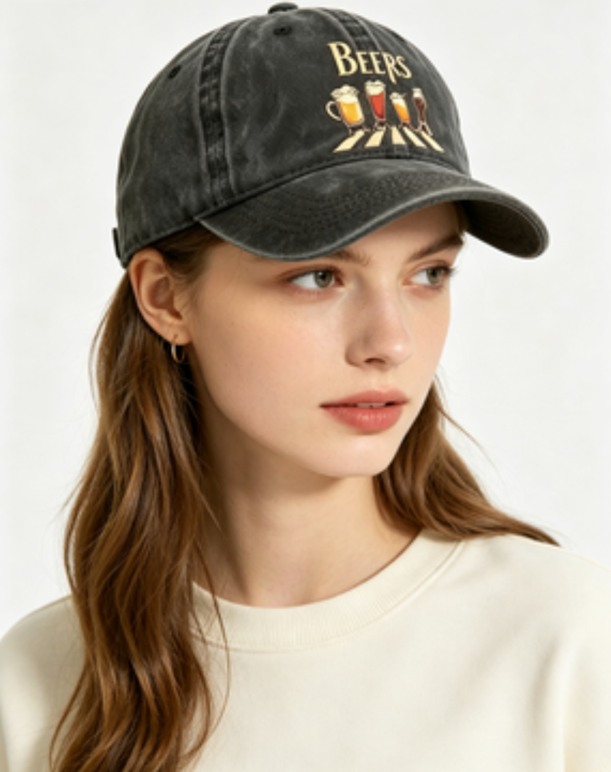 Washed Distressed Beer Print Baseball Cap - Vintage Cotton Adjustable Dad Hat for Men - Outdoor Sun Protection Casual Cap - Gray