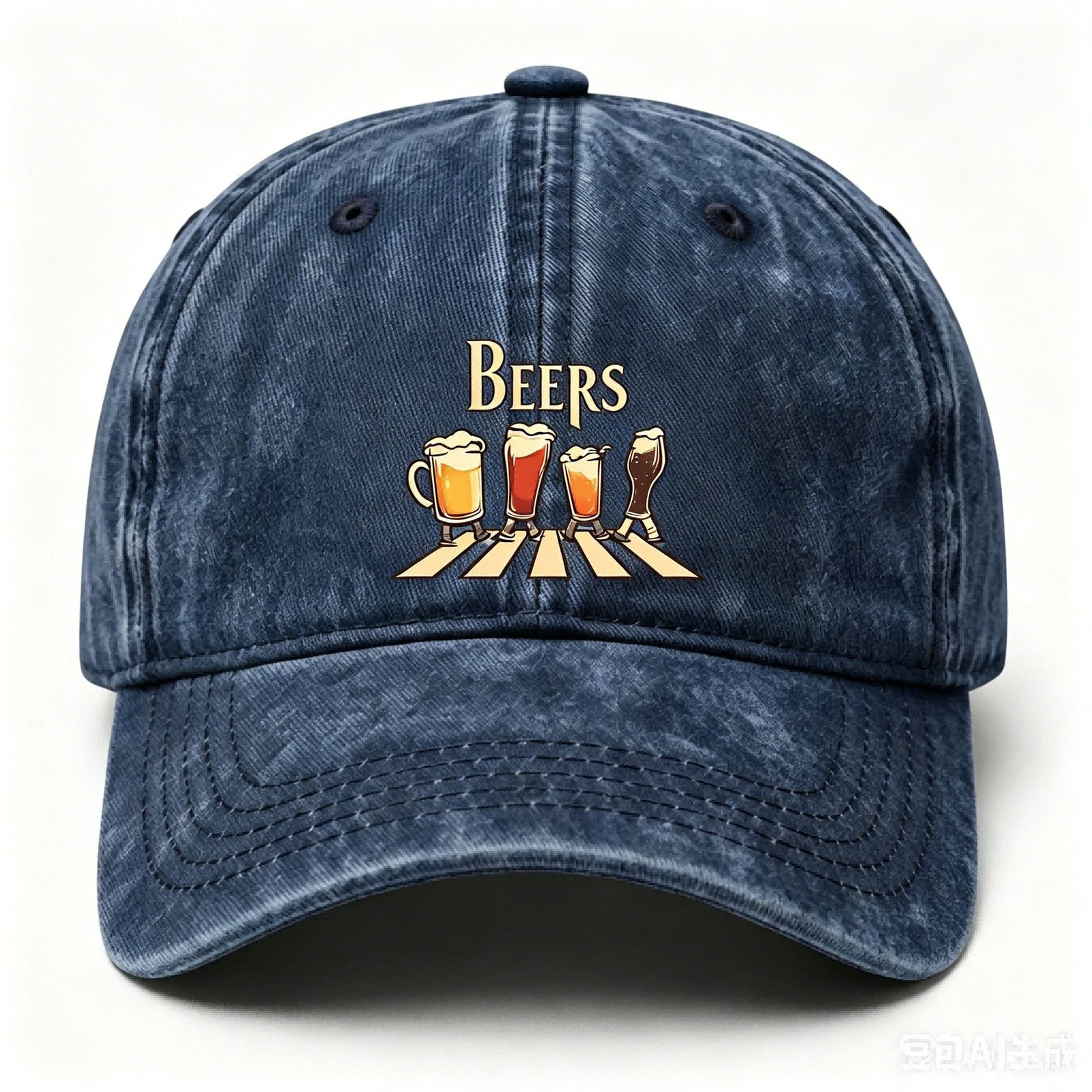 Washed Distressed Beer Print Baseball Cap - Vintage Cotton Adjustable Dad Hat for Men - Outdoor Sun Protection Casual Cap - Navy