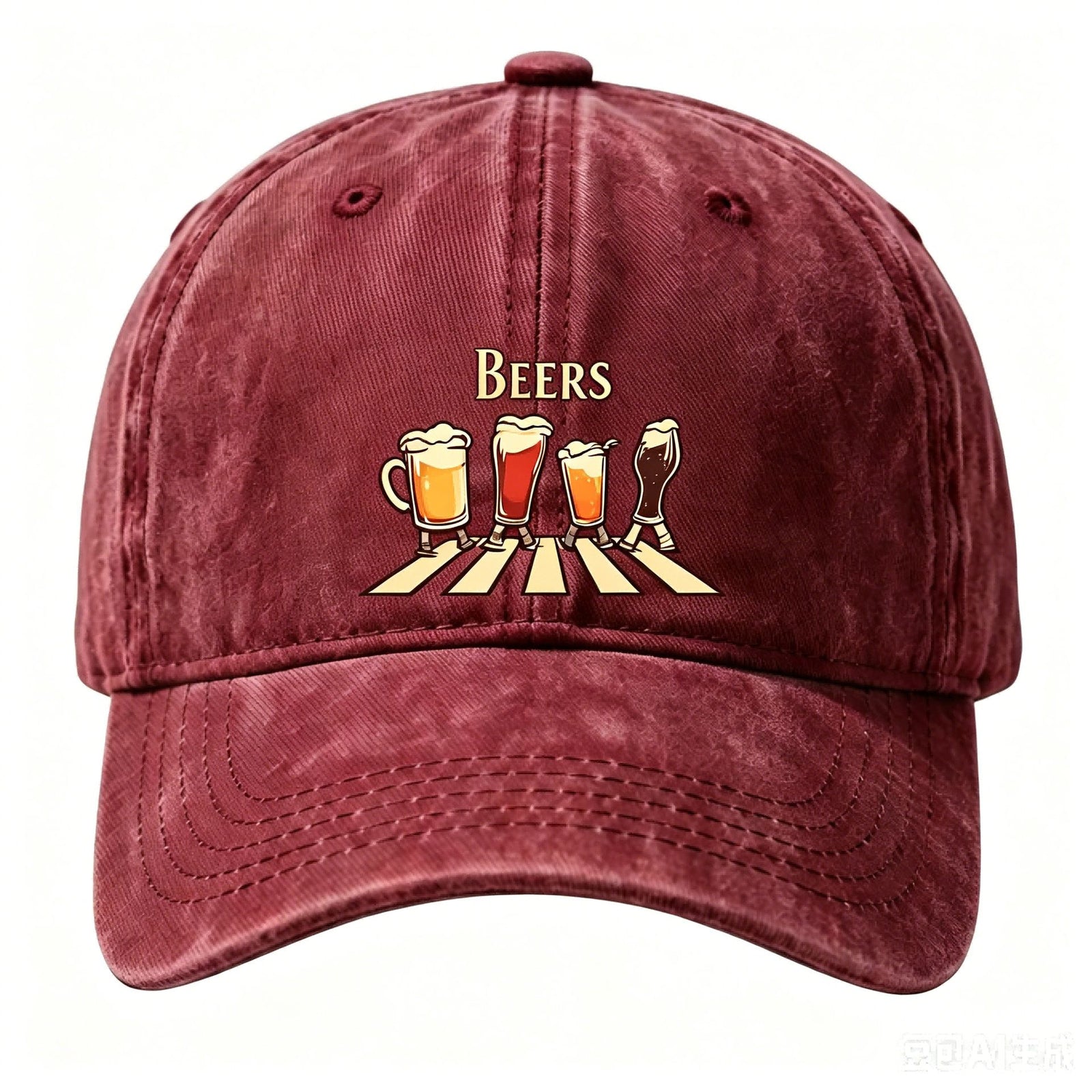 Washed Distressed Beer Print Baseball Cap - Vintage Cotton Adjustable Dad Hat for Men - Outdoor Sun Protection Casual Cap - Wine Red