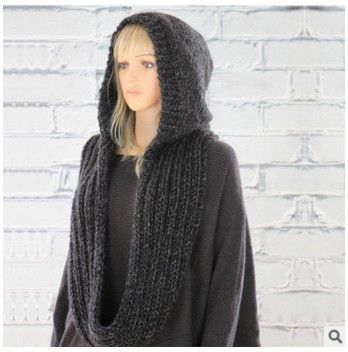 Women Winter Hooded Knit Scarf - Warm Solid Color Cape Scarf Wrap with Hood - Soft Acrylic Winter Neck Warmer for Cold Weather - Dark Gray