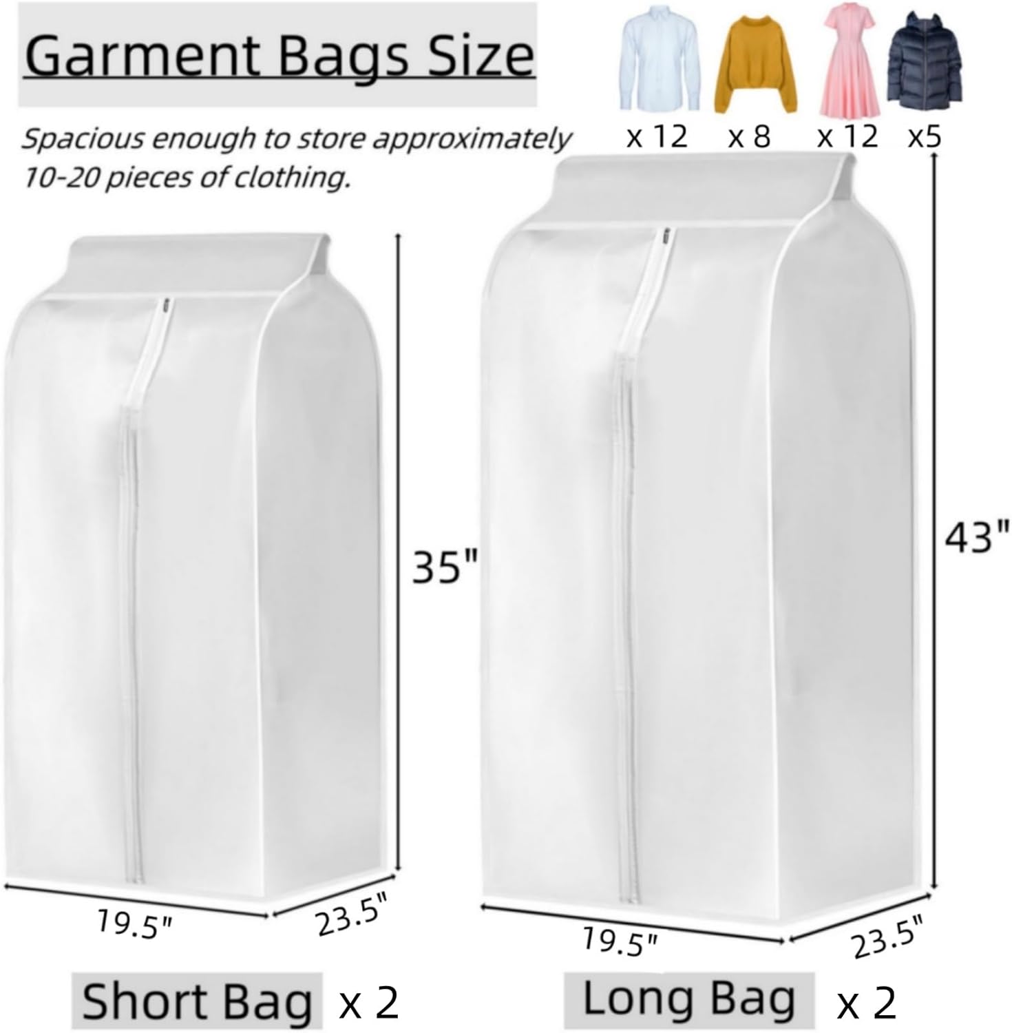 4 Pack Hanging Garment Bags, 43" 35" Long Large Closet Clothes Protector with Zipper, Plastic Jackets Storage Rack Cover for Shirt Suits Coat Dress, Bottom Enclosed (Rack not included)