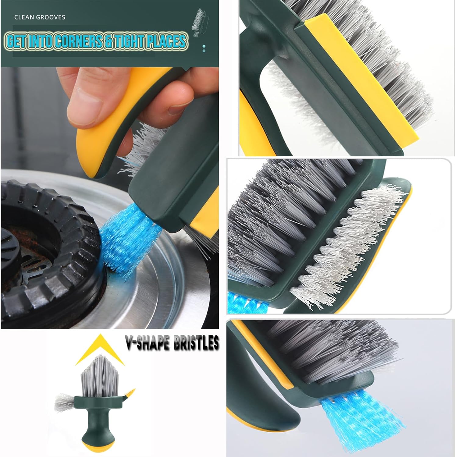 4-in-1 Grout Brush with Squeegee,Durable Bristles,Heavy-Duty Scrub Brushes for Cleaning Stiff Bristles Bathroom & Kitchen,Tile Floors Wall/Corner/Window (Green) Green