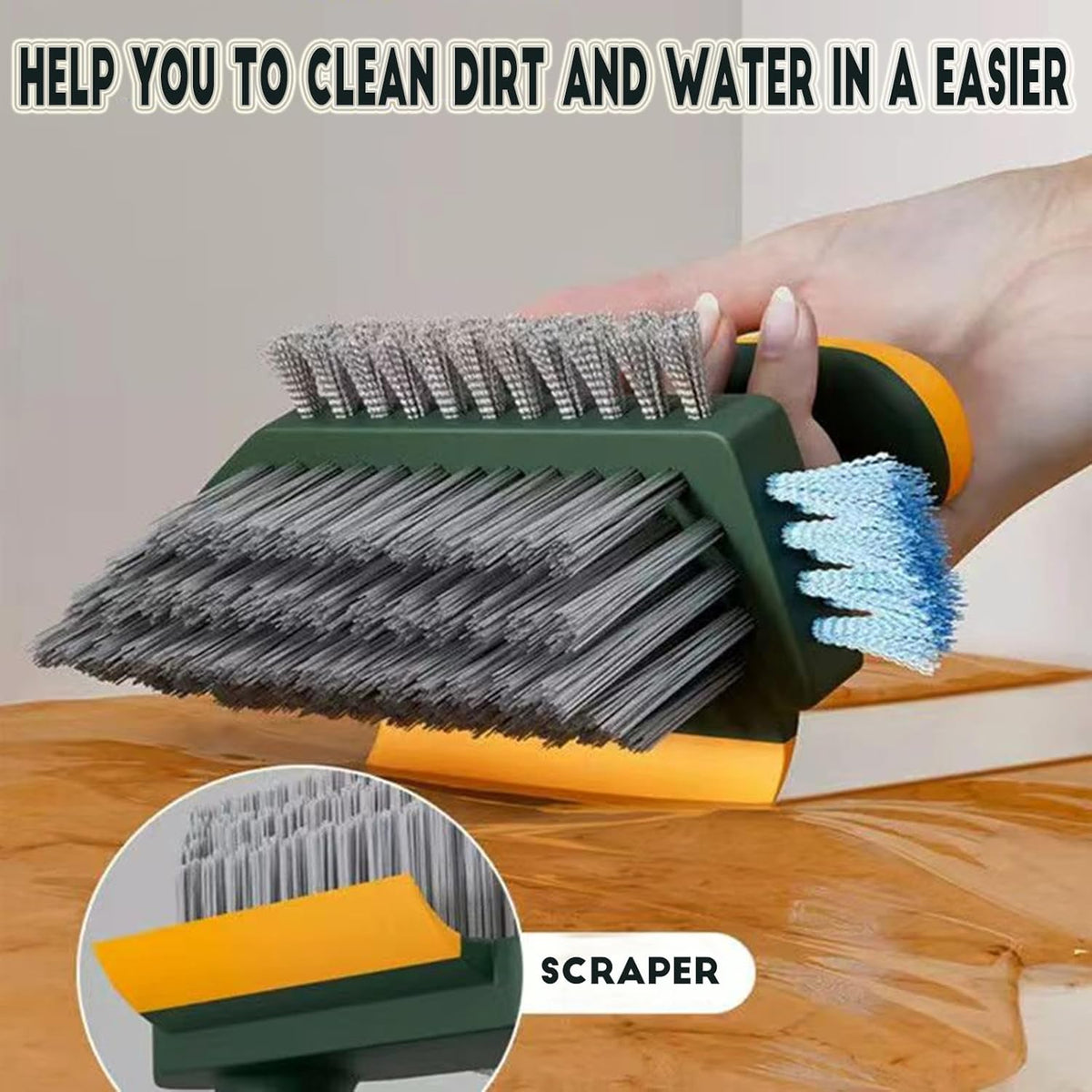 4-in-1 Grout Brush with Squeegee,Durable Bristles,Heavy-Duty Scrub Brushes for Cleaning Stiff Bristles Bathroom & Kitchen,Tile Floors Wall/Corner/Window (Green) Green