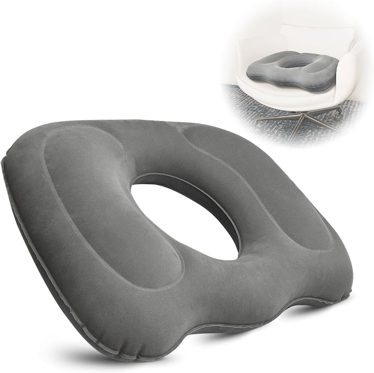Petluno Inflatable Donut Cushion for Tailbone Pain Relief - Orthopedic Hemorrhoid &amp; Sciatica Seat Cushion - Coccyx Cushion for Postpartum, Pregnancy, Office Chair, Car, Wheelchair &amp; Post-Surgical Recovery (Grey)