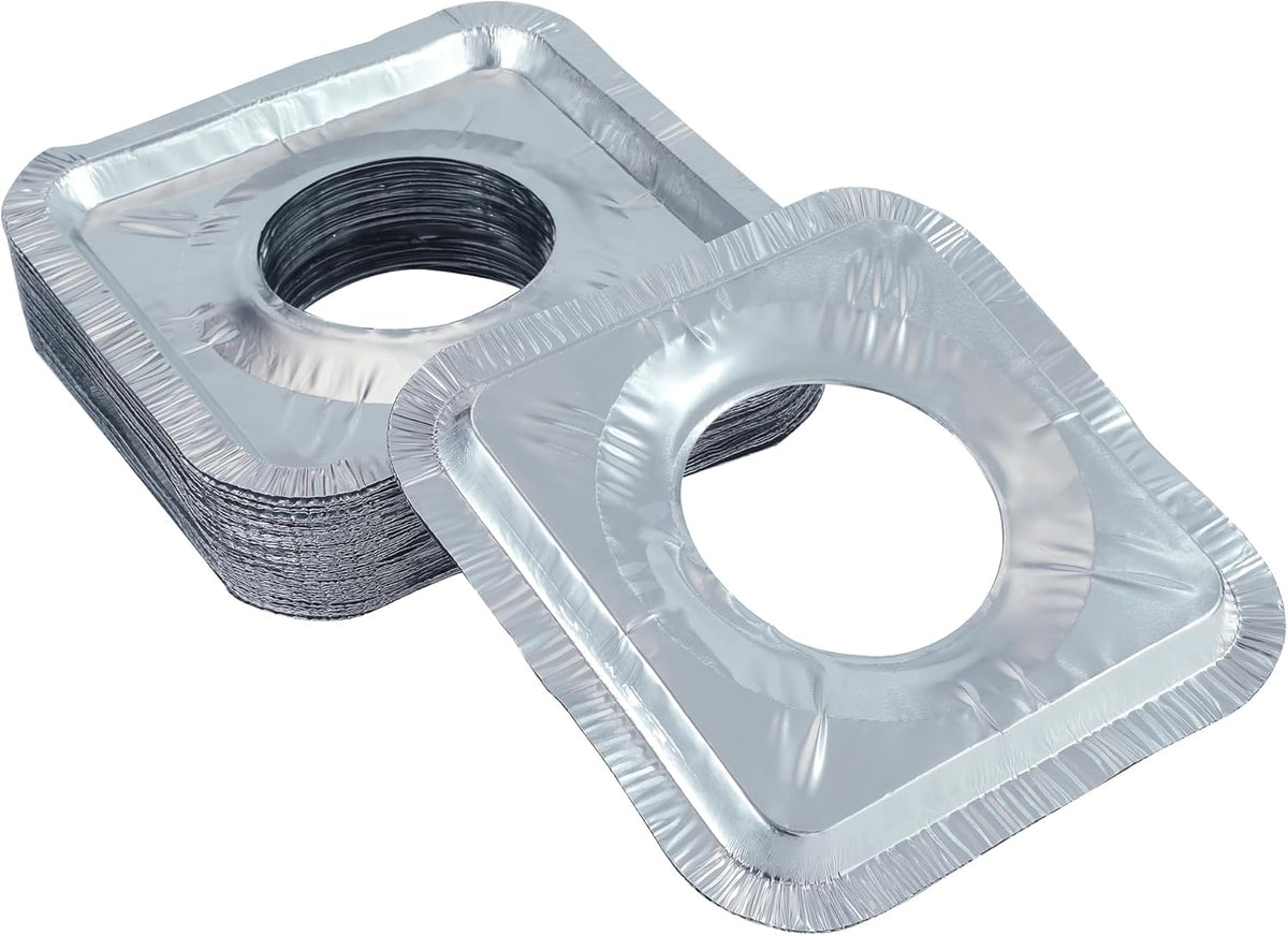Gas Burner Liners (50 Pack) 8.5" Disposable Aluminium Foil Square Stove Covers - Range Protector to Catch Oil, Grease and Food Spills