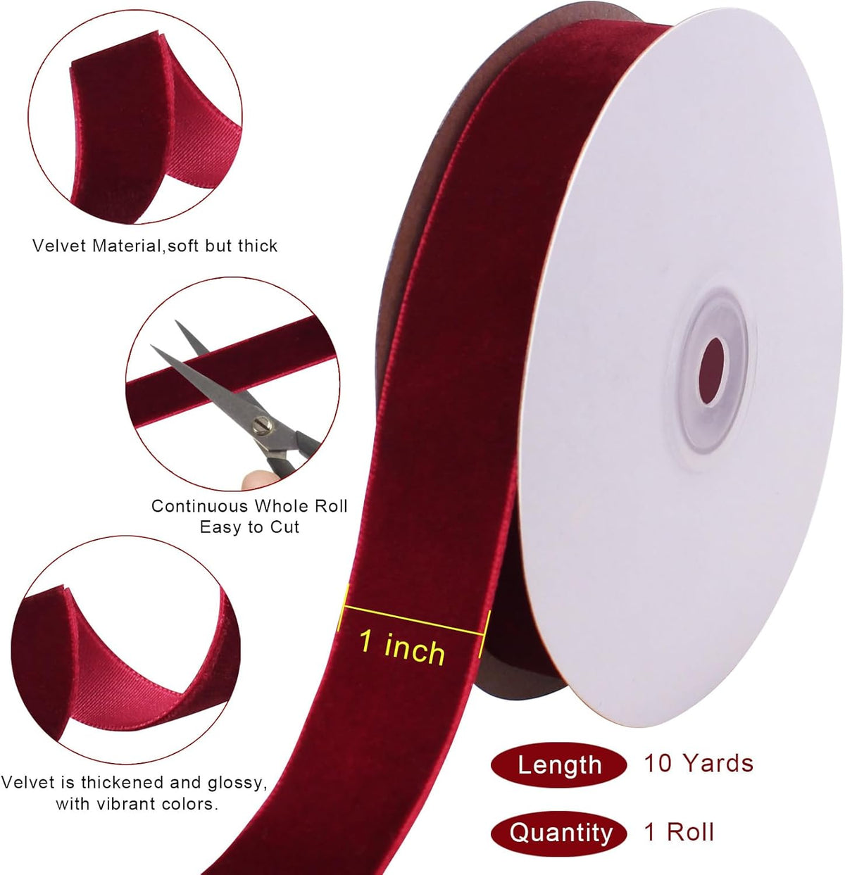 10 Yards Burgundy Velvet Ribbon 1 Inch for Christmas Tree, Dark Red Gift Wrapping Crafts Bow Wreath Holiday Decorations (Burgundy) 1"-10 Yard