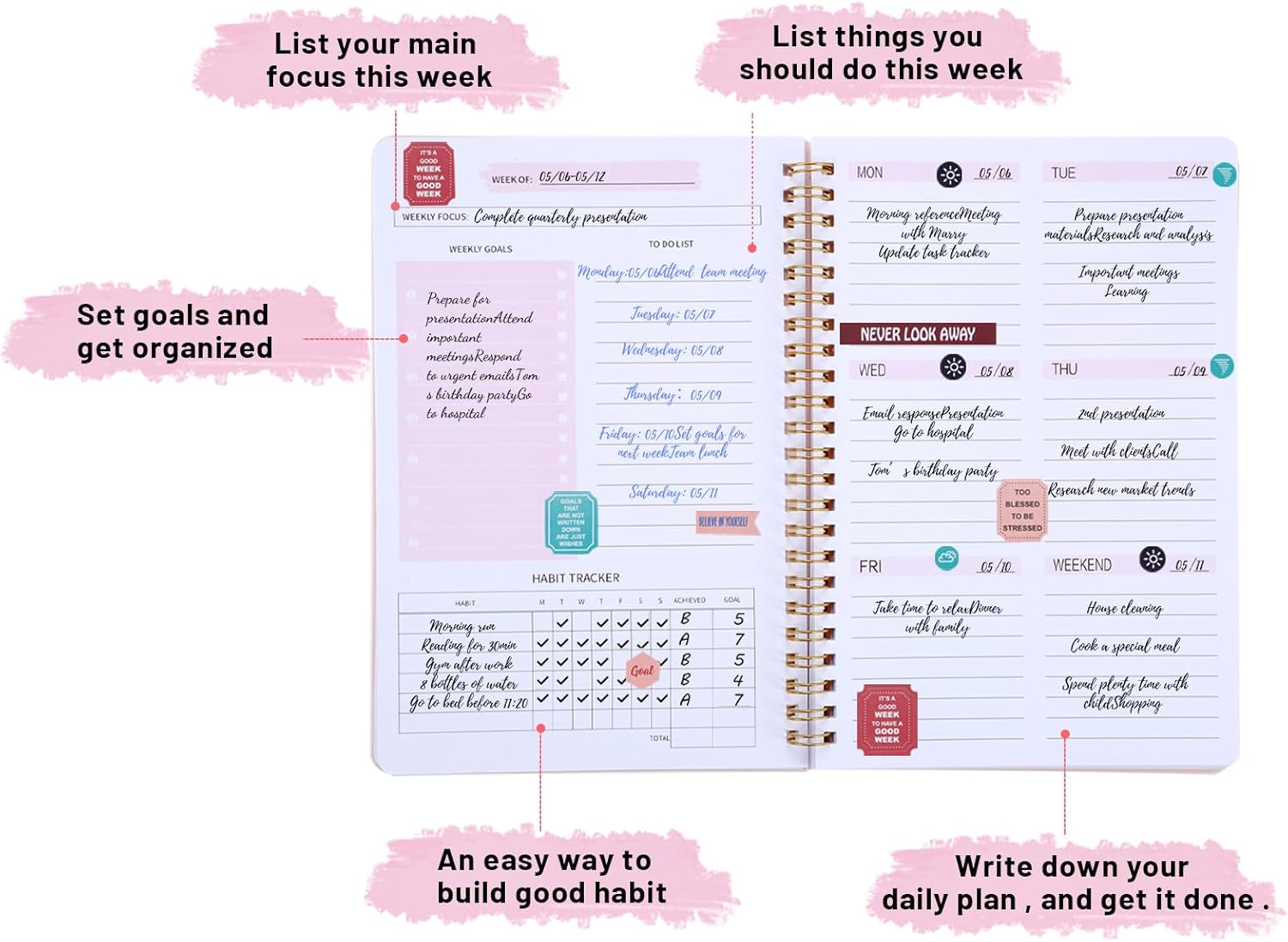 To Do List Notebook, A5 Weekly Planner Undated, Planning Pad Checklist Productivity Organizer 52 Pages for Students, Work, Fitness (Pink) Pink