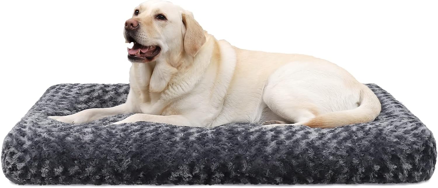 Petluno Large Dog Bed Washable, Calming Crate Mattress with Non Skid Bottom, Fluffy Anti Anxiety Beds, Pet Pillow Cushion, Dark Grey, 90x60x8cm Grey 90 x 60 8 cm (L W H)