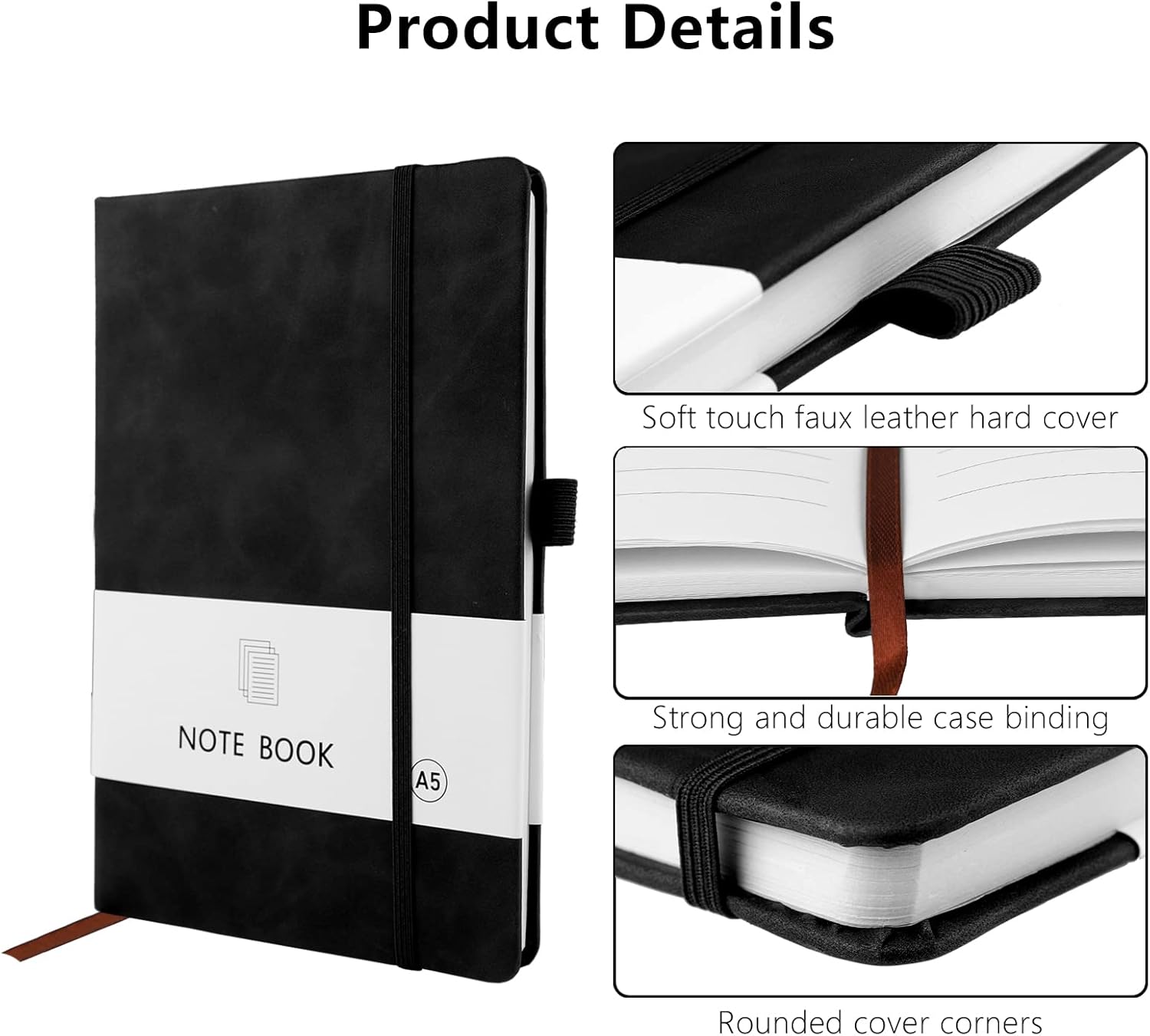 A5 Notebook, Notebook Note Book Pad Journal Notepad PU Leather for Office School Home Business Writing & Taking 200 Pages (100 Sheets)- Black