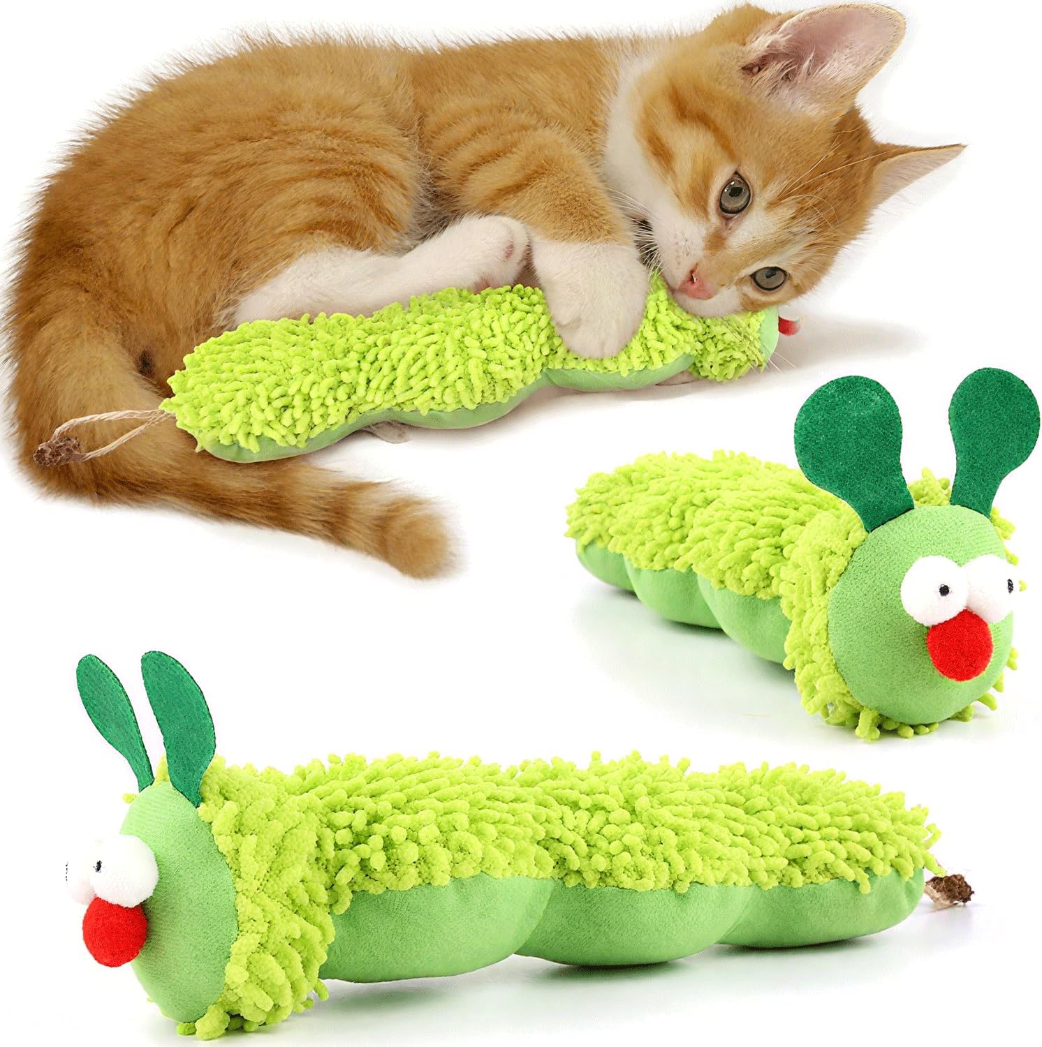 Petluno Cat Catnip Toy for Indoor Cats, Chew Teeth Cleaning, Bite-Resistant Plush Caterpillar Design, Dental Health Benefits, Green