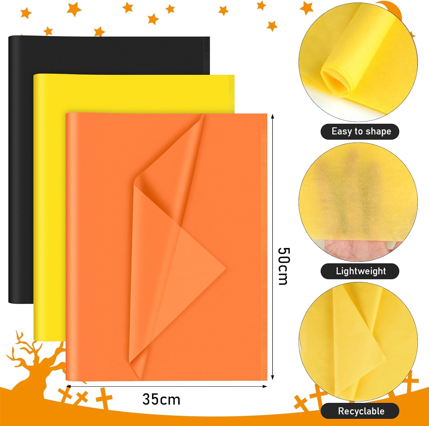 Petluno 60 Sheets Black Orange Yellow Tissue Paper Bulk, Gift Wrap for Packaging Birthday Wrapping Wedding Construction Party Decorations Black, Orange,