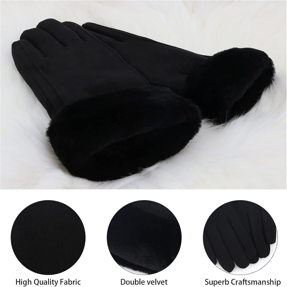 Warm women's winter gloves with thermal fleece text Black M